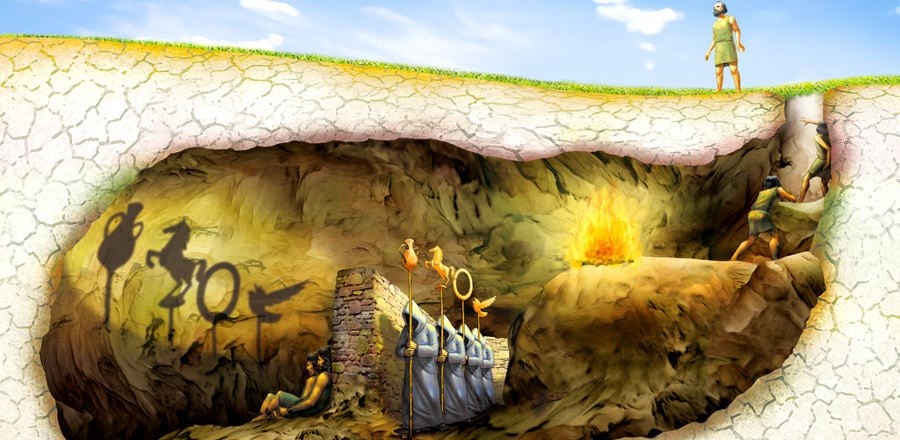 Plato's Allegory of the Cave depicting prisoners chained in a cave watching shadows cast on a wall, mistaking them for reality